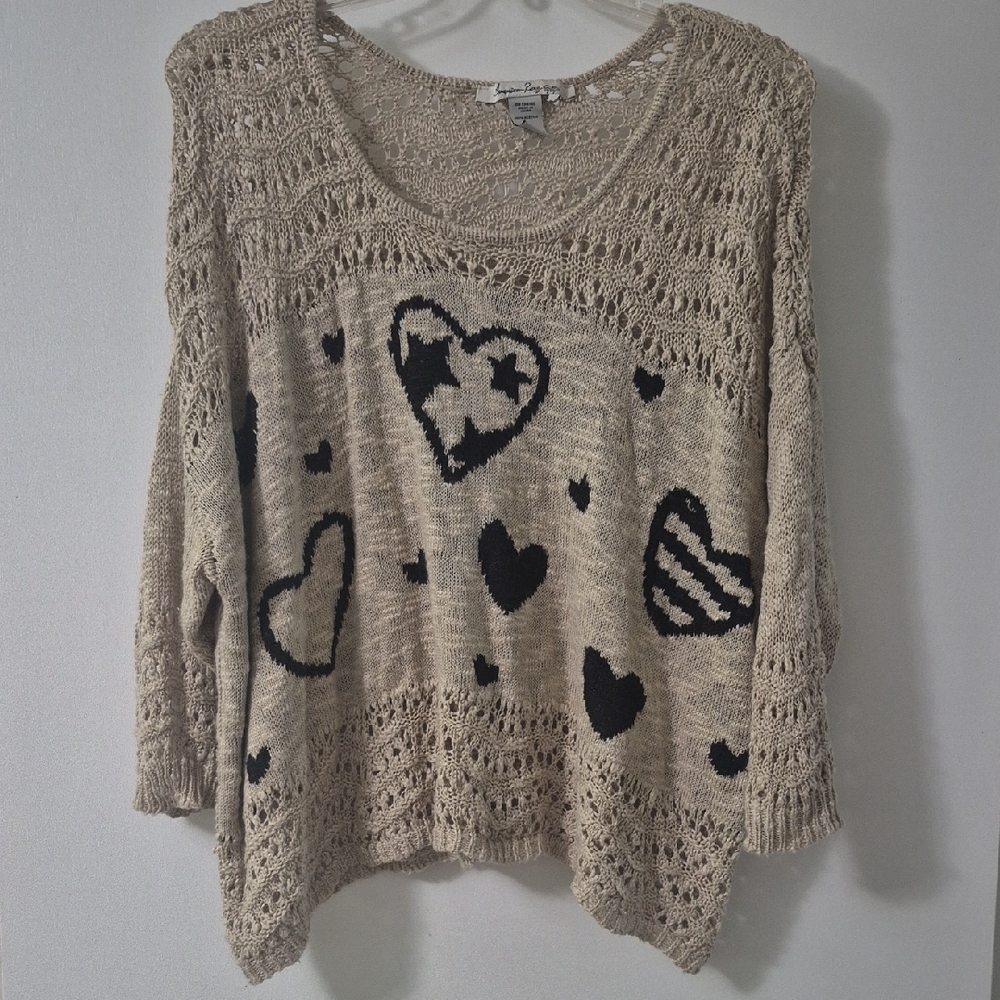 American Rag Cream and Black Crew Neck Sweater with Heart Pattern